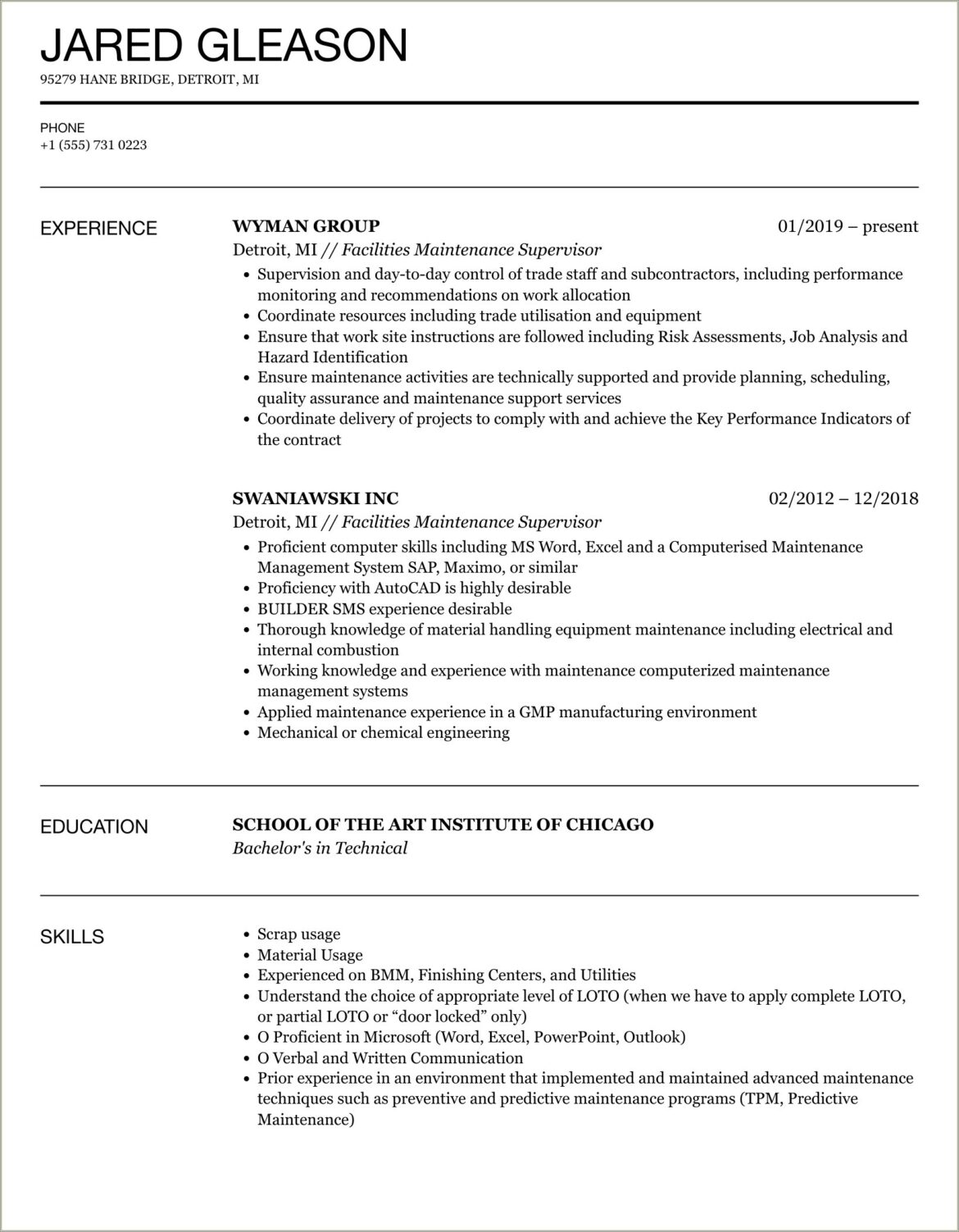 Resume Objective For Church Maintenance Worker