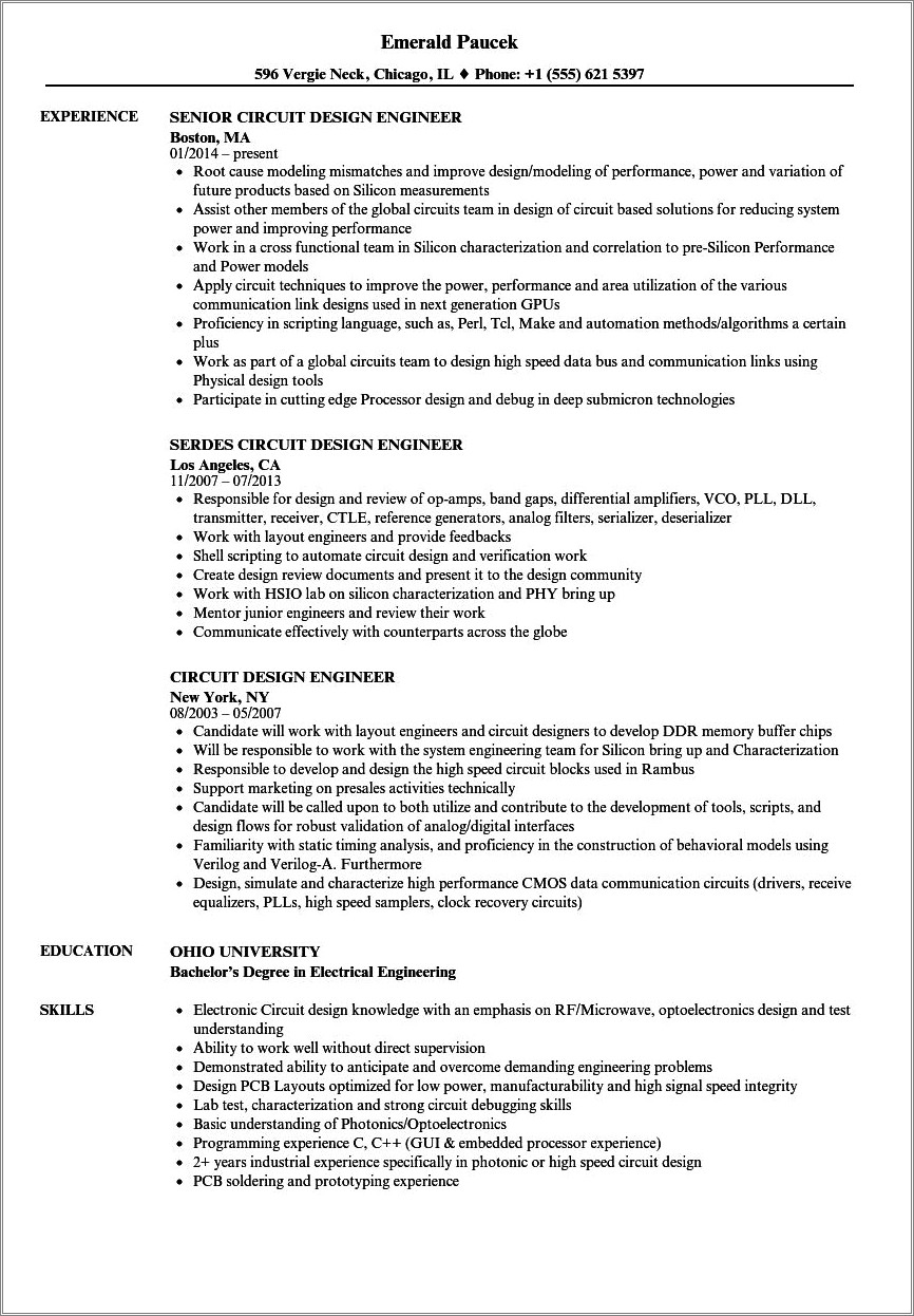 Resume Objective For Circuit Design Engineer
