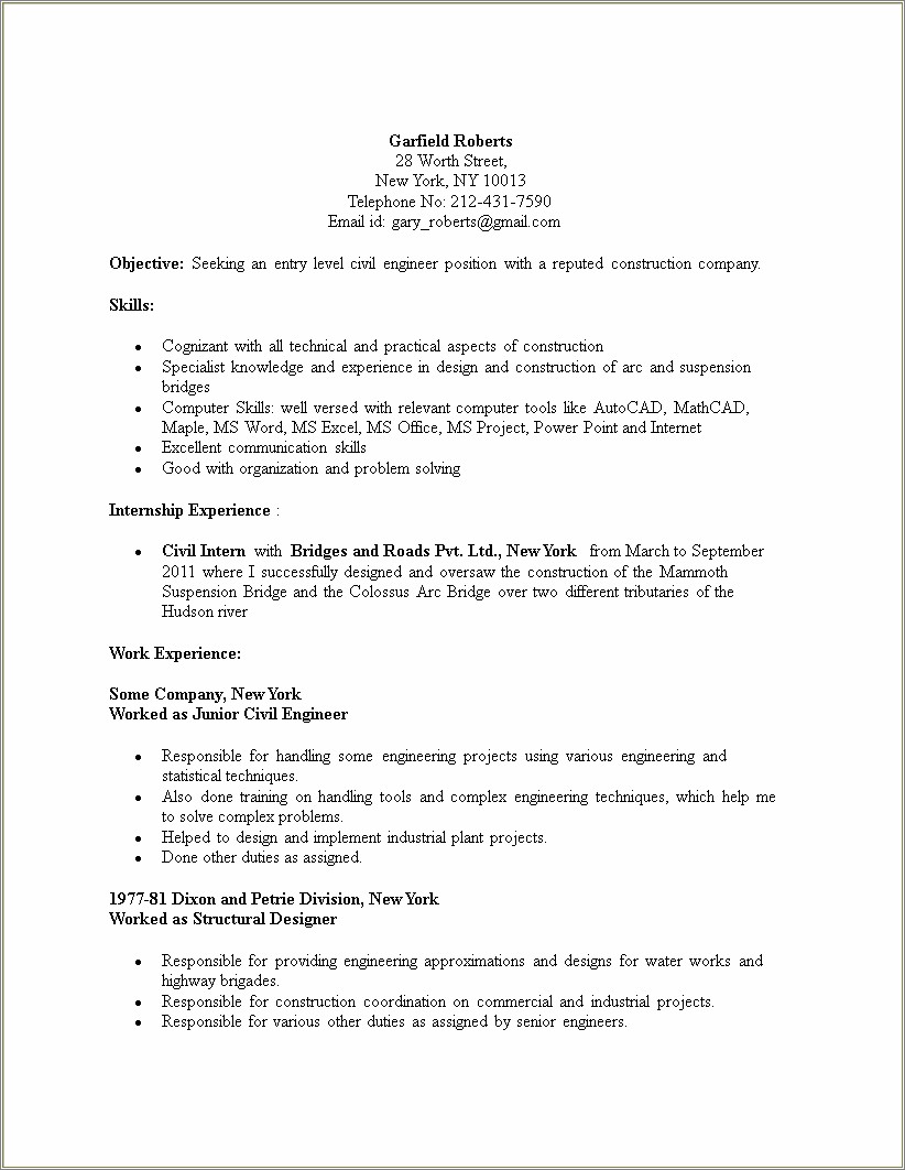 Resume Objective For Civil Engineering Student