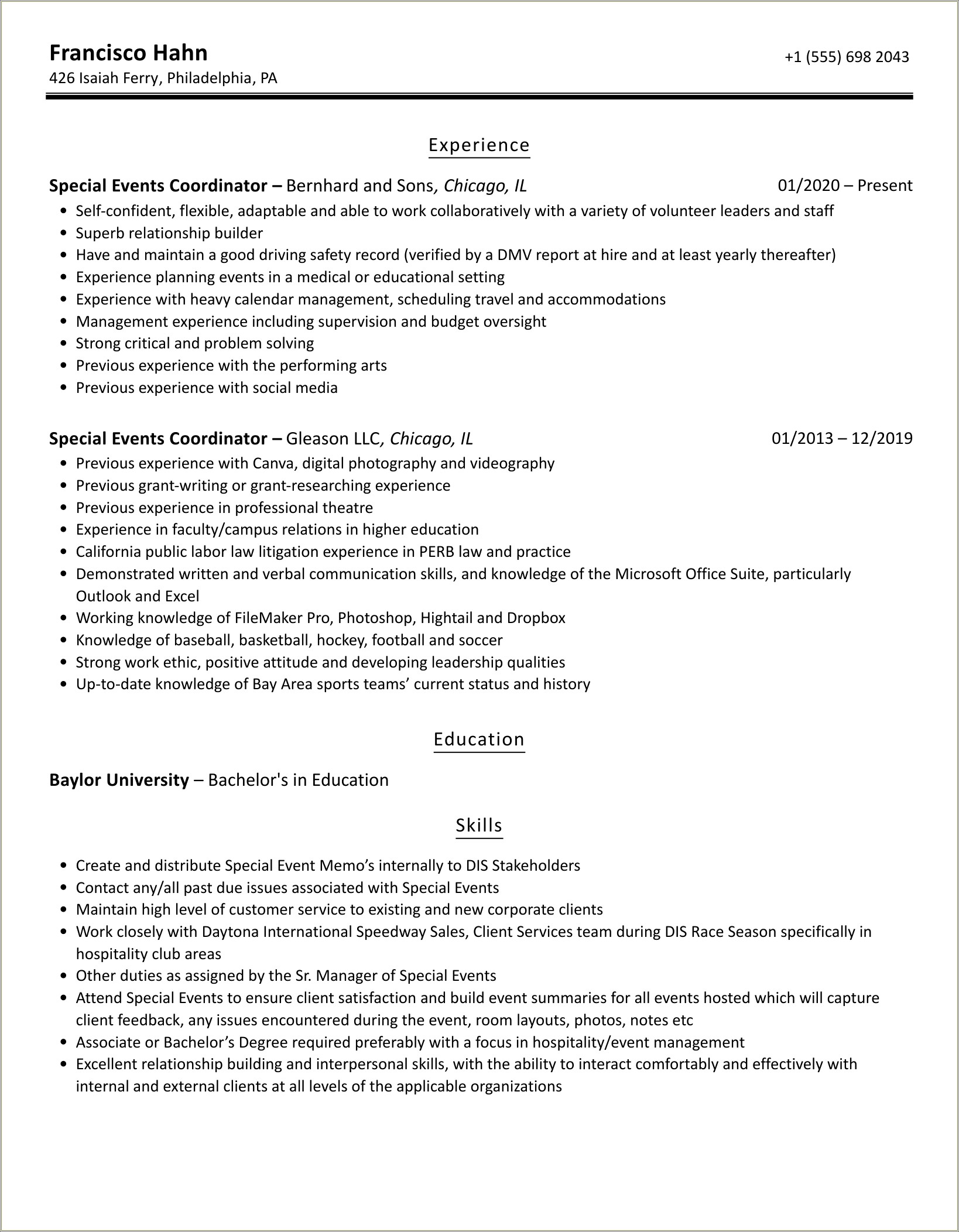 Resume Objective For Community Special Events Coordinator