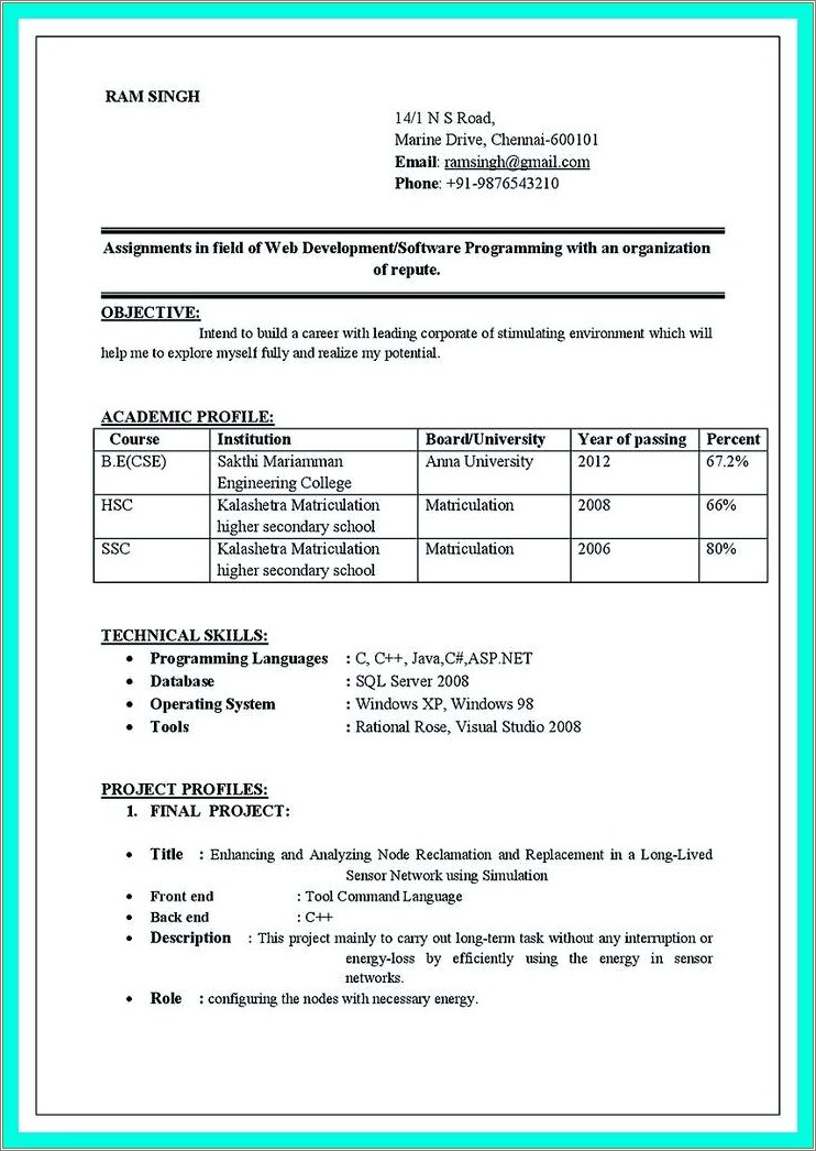 Resume Objective For Computer Science Freshers