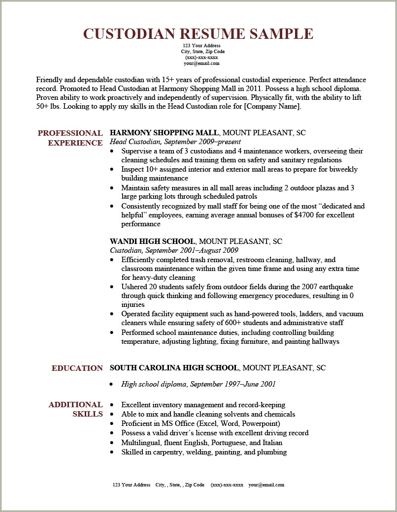 Resume Objective For Custodian And Cafe
