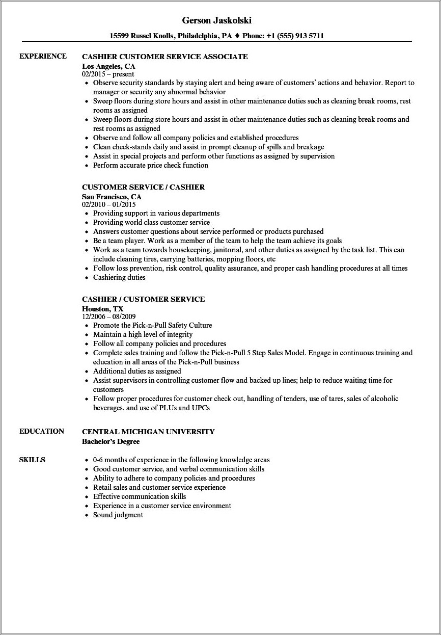 Resume Objective For Customer Service Cashier