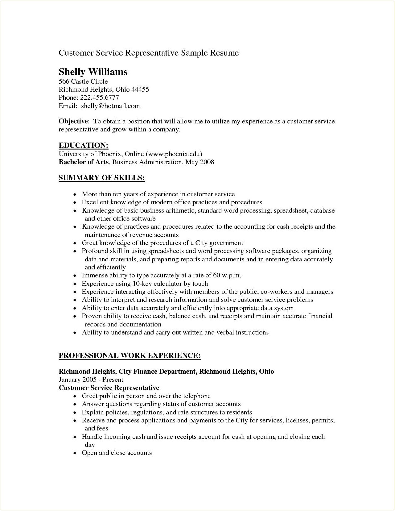 Resume Objective For Customer Service Position