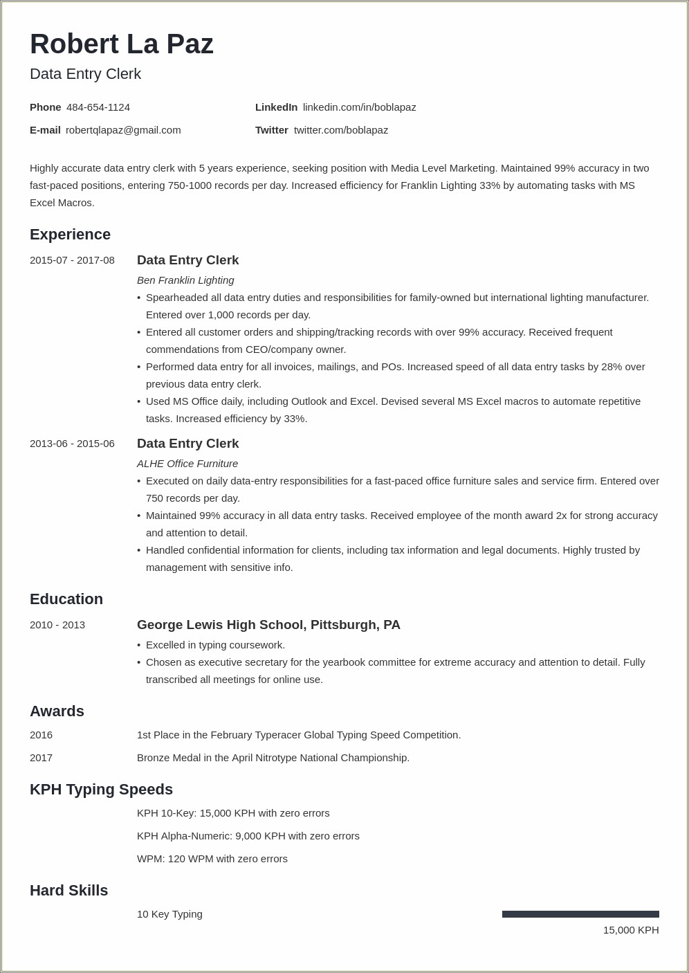 Resume Objective For Data Entry Specialist