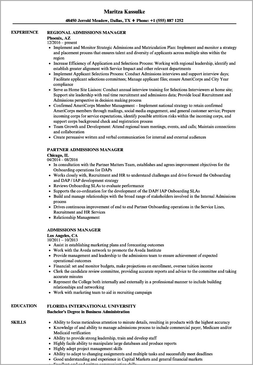 Resume Objective For Director Of Admissions