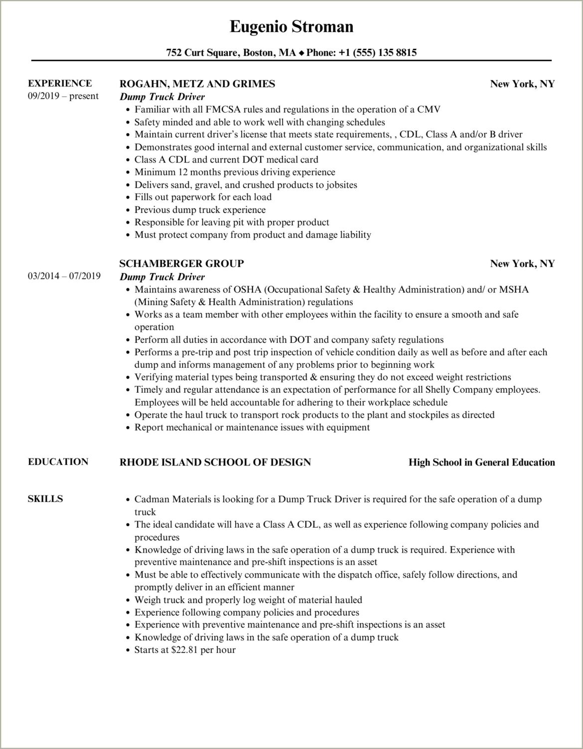 Resume Objective For Dump Truck Driver