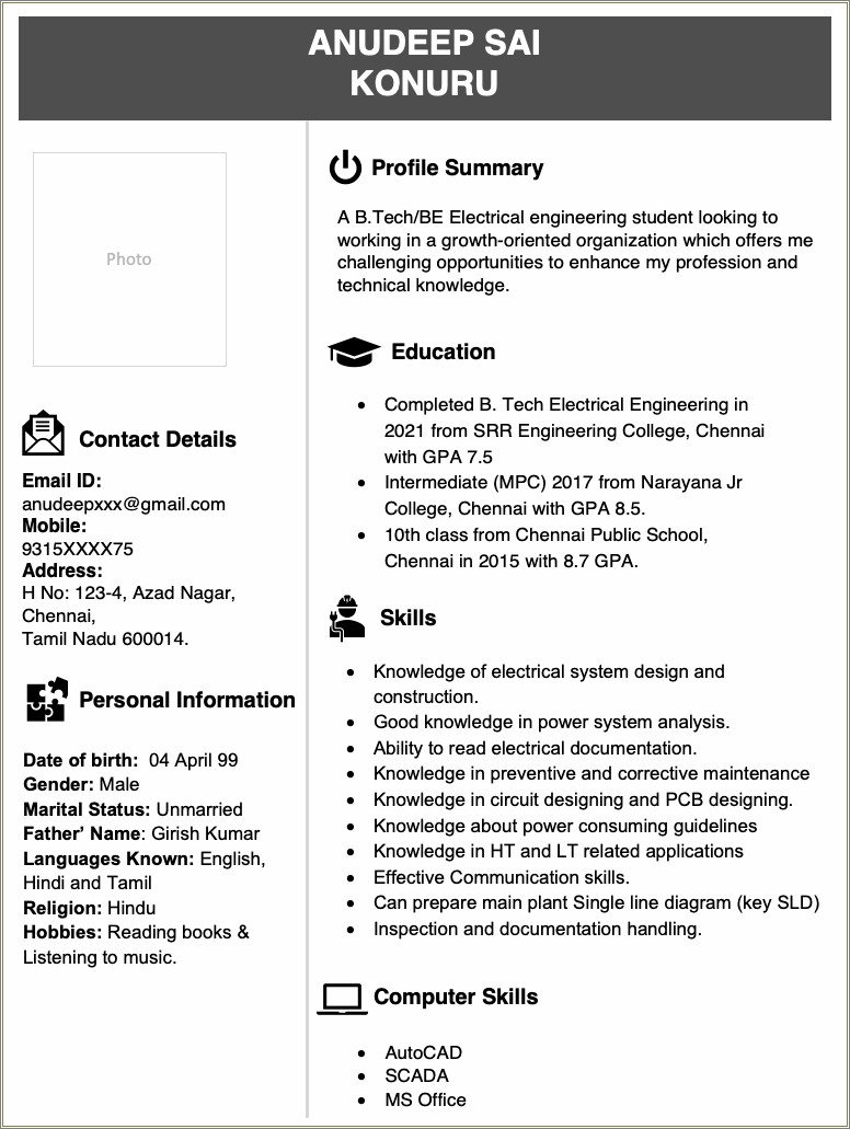 Resume Objective For Electrical Engineer Fresher