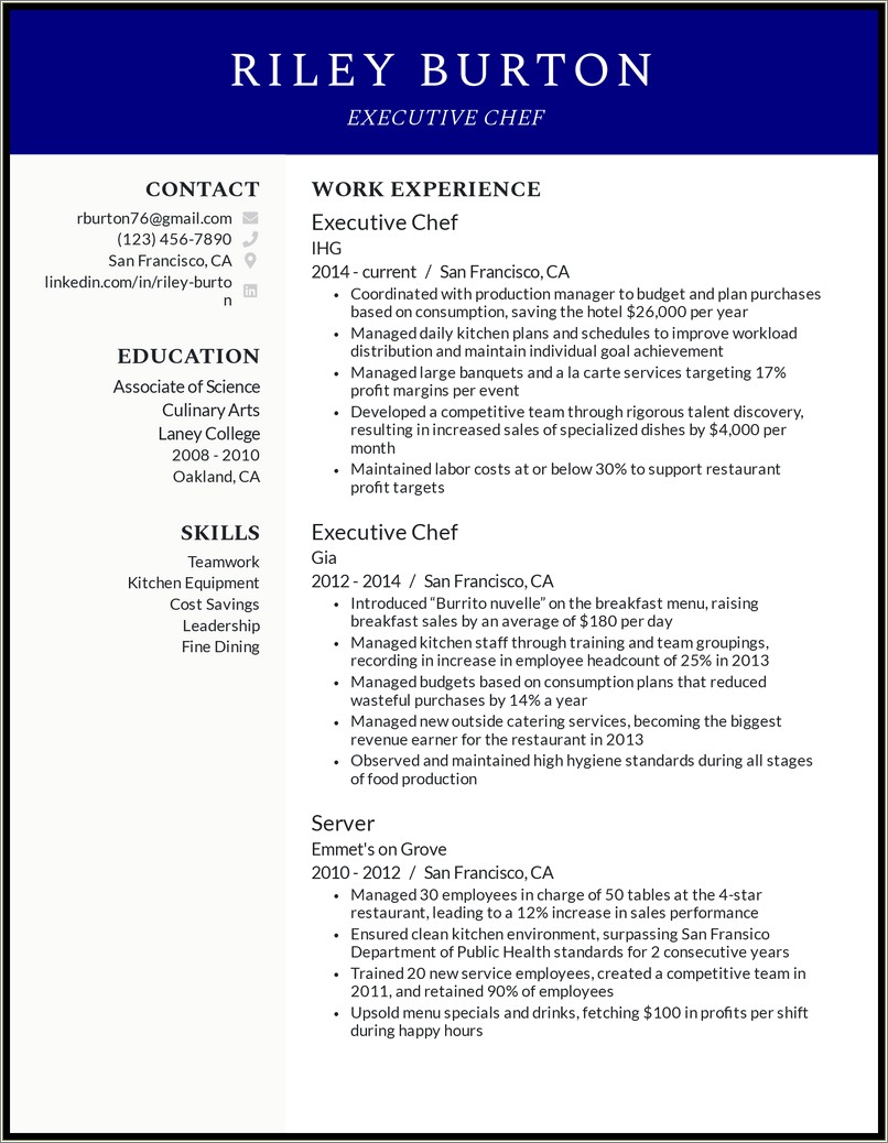 Resume Objective For Entry Level Chef