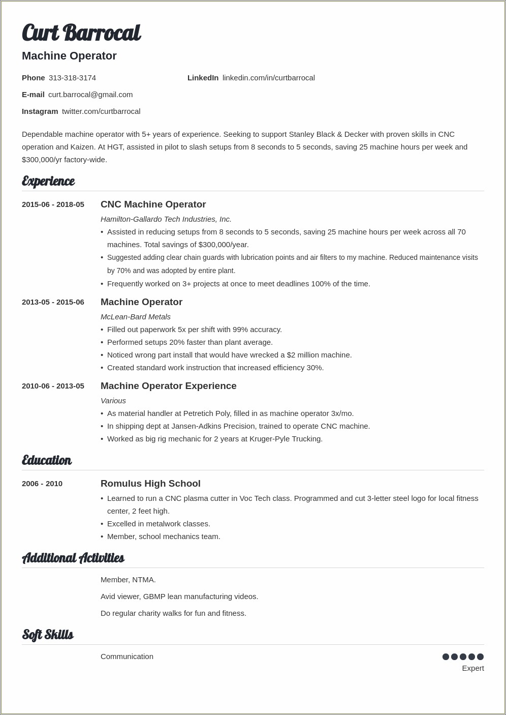 Resume Objective For Entry Level Machine Operator