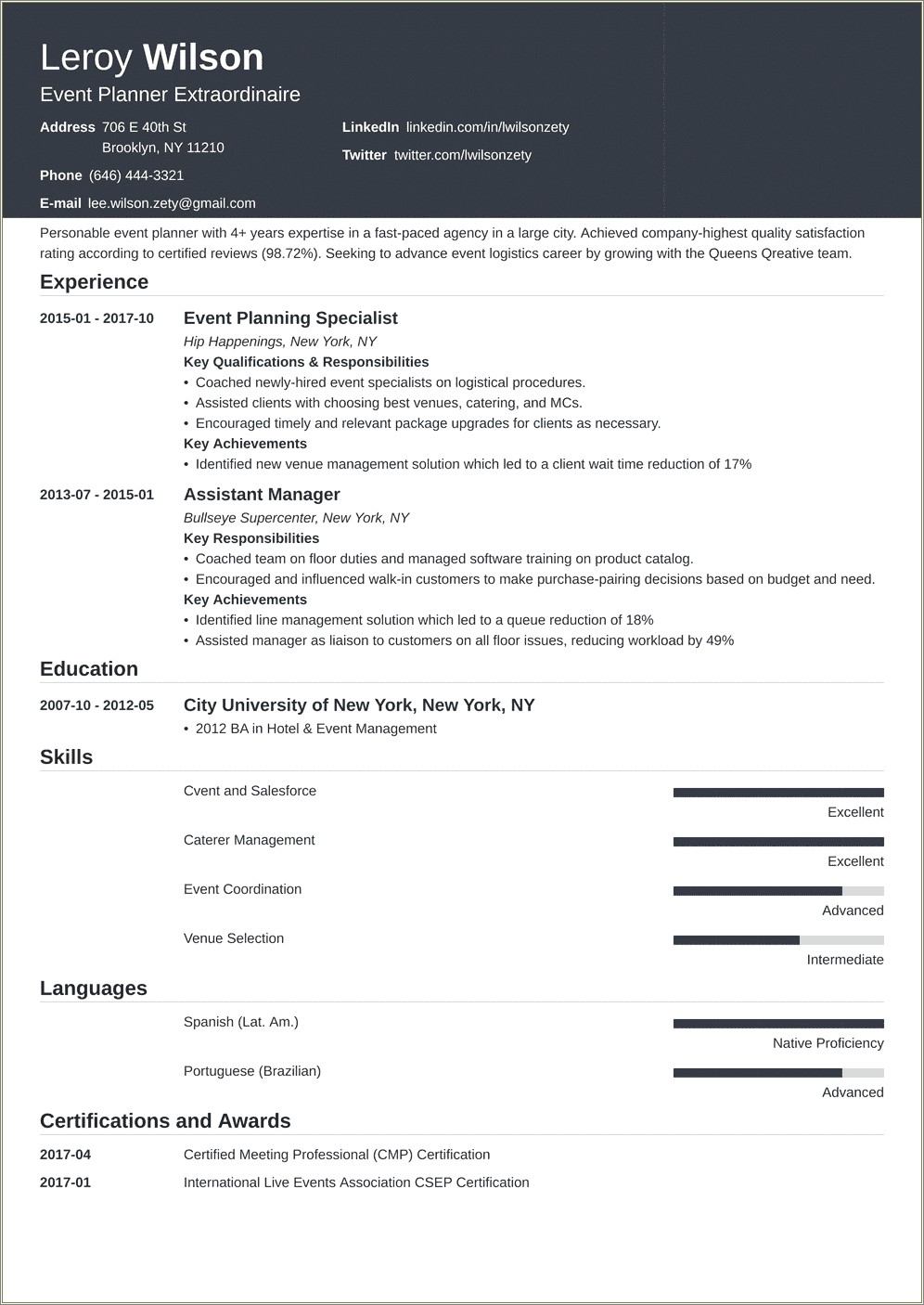 Resume Objective For Event Planner Internship
