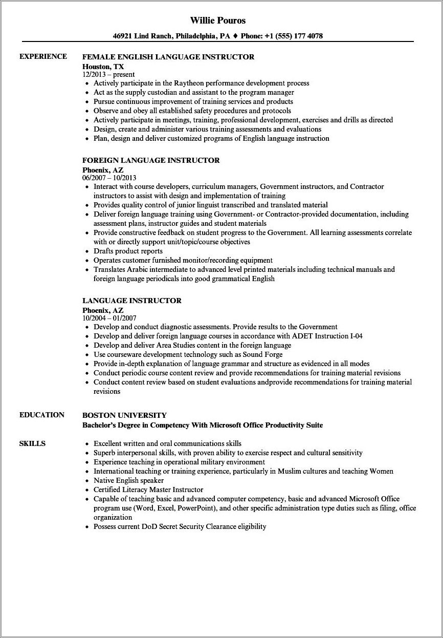 Resume Objective For Foreign Language Teacher