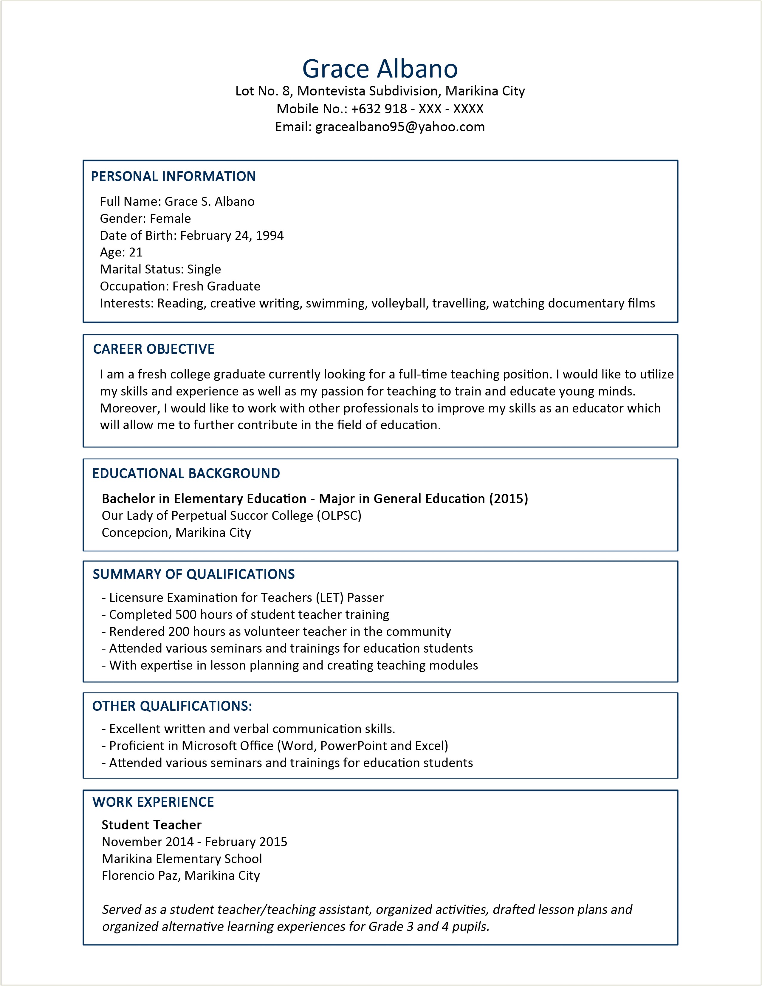 Resume Objective For Fresh Graduates Examples