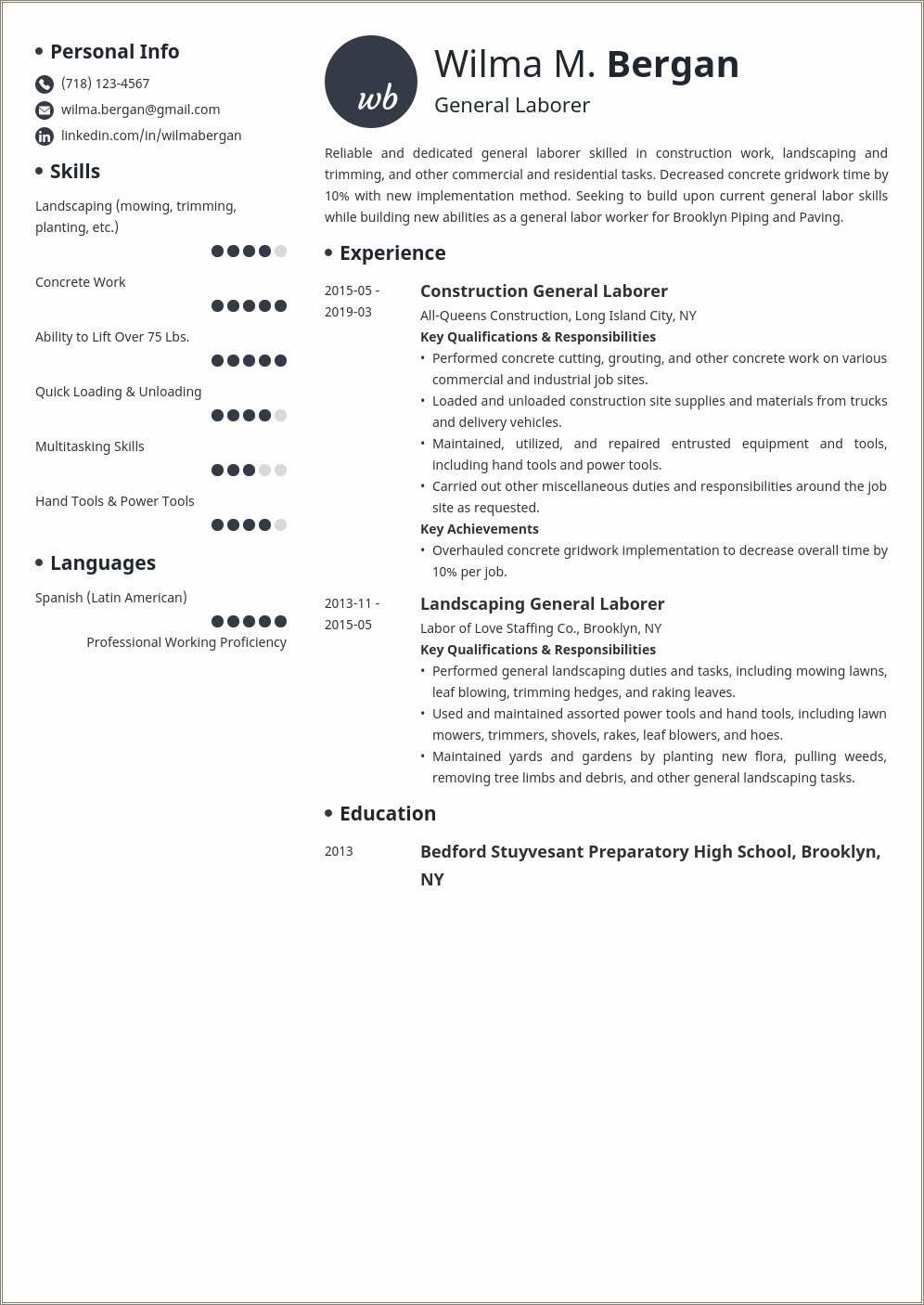 Resume Objective For General Laborer Job