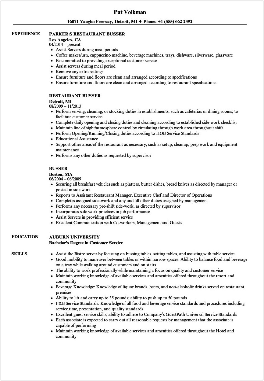 Resume Objective For Getting A Busser Job