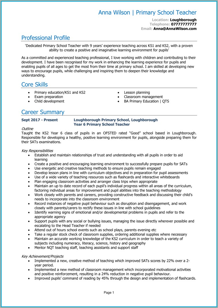 Resume Objective For Head Start Teacher