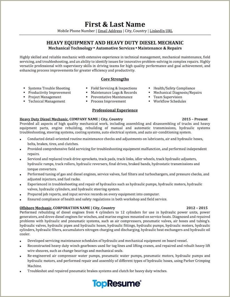 Resume Objective For Heavy Equipment Mechanic