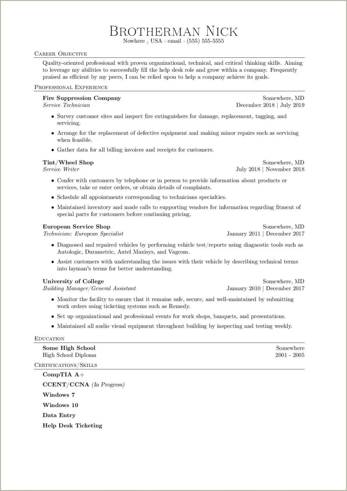 Resume Objective For Help Desk Technician