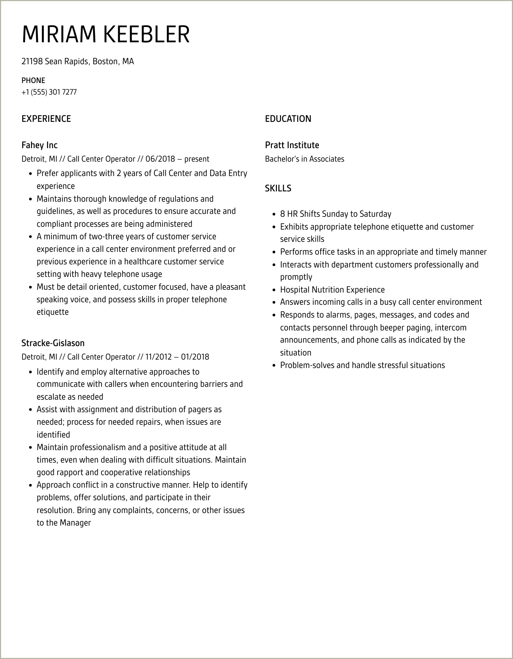 Resume Objective For Hospital Call Center