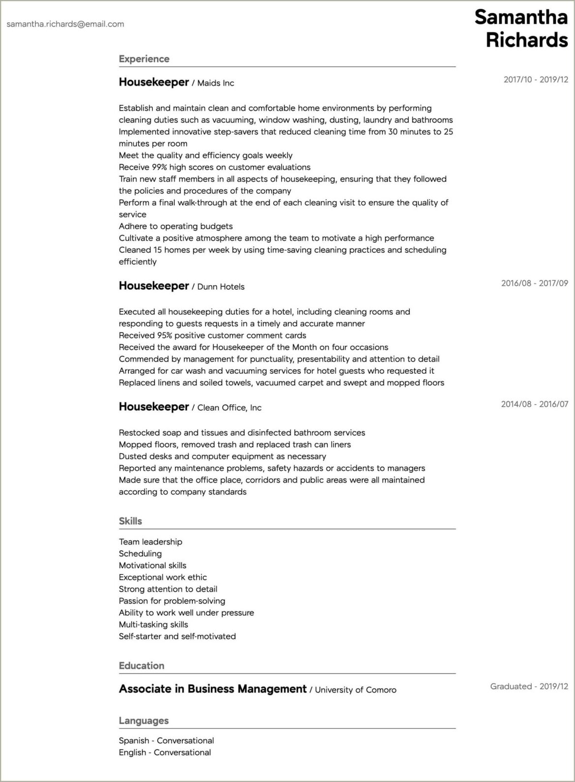 Resume Objective For Hotel Room Attendant