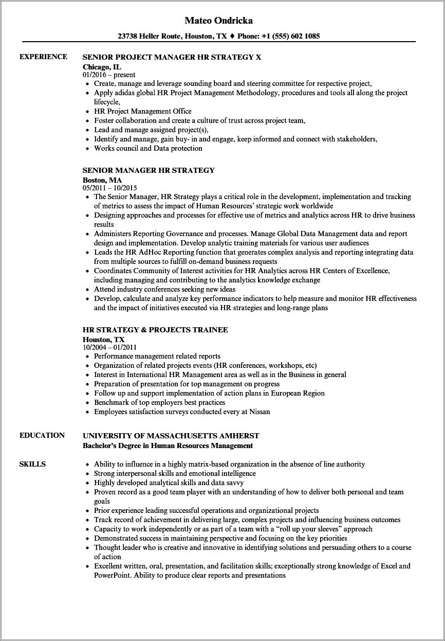 Resume Objective For Human Resource Position
