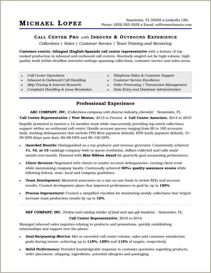 Resume Objective For Inbound Call Center
