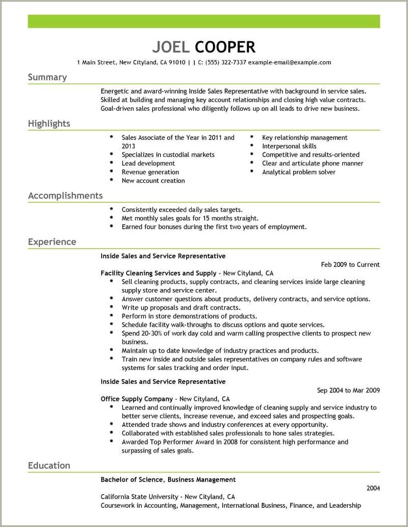 Resume Objective For Inside Sales Position