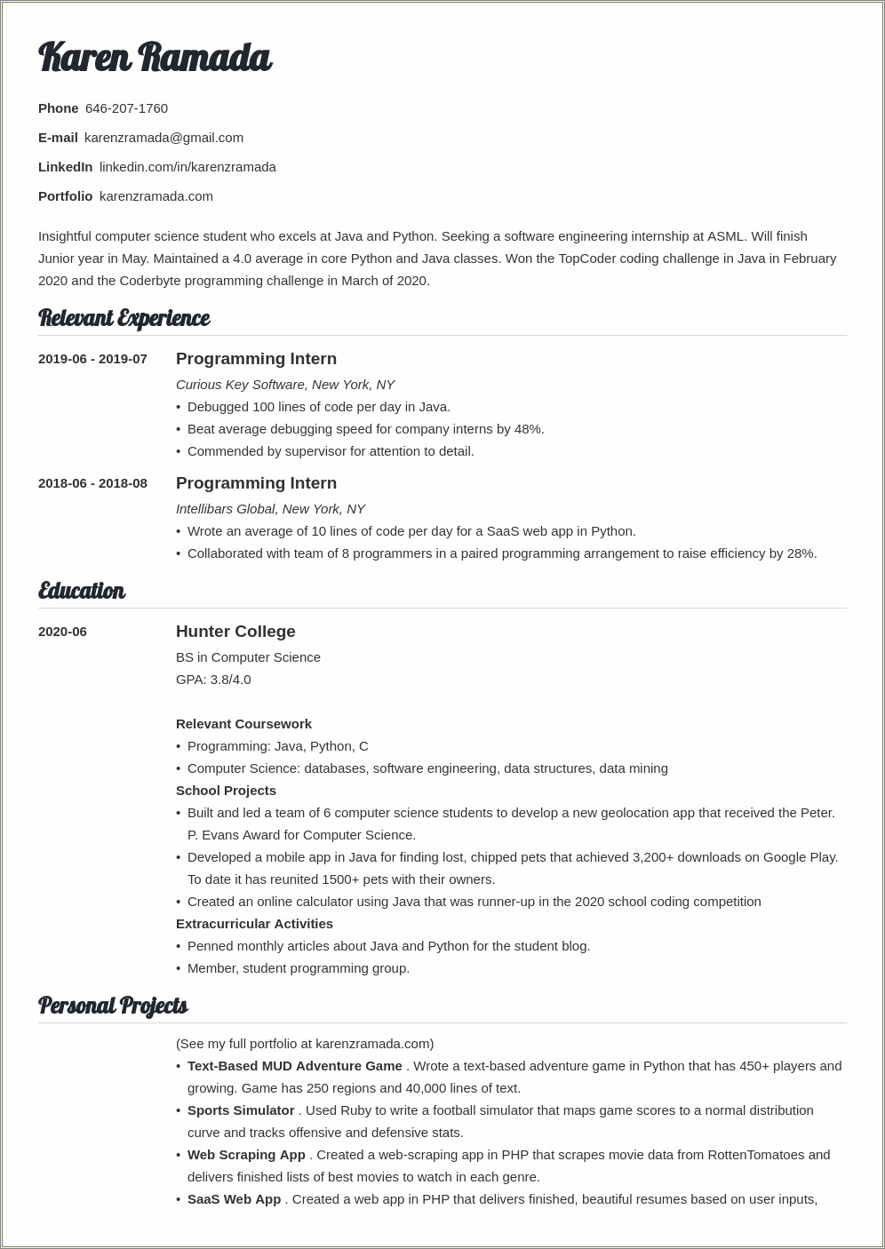 Resume Objective For Internship Computer Science