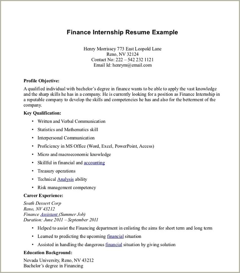 Resume Objective For Internship In Finance