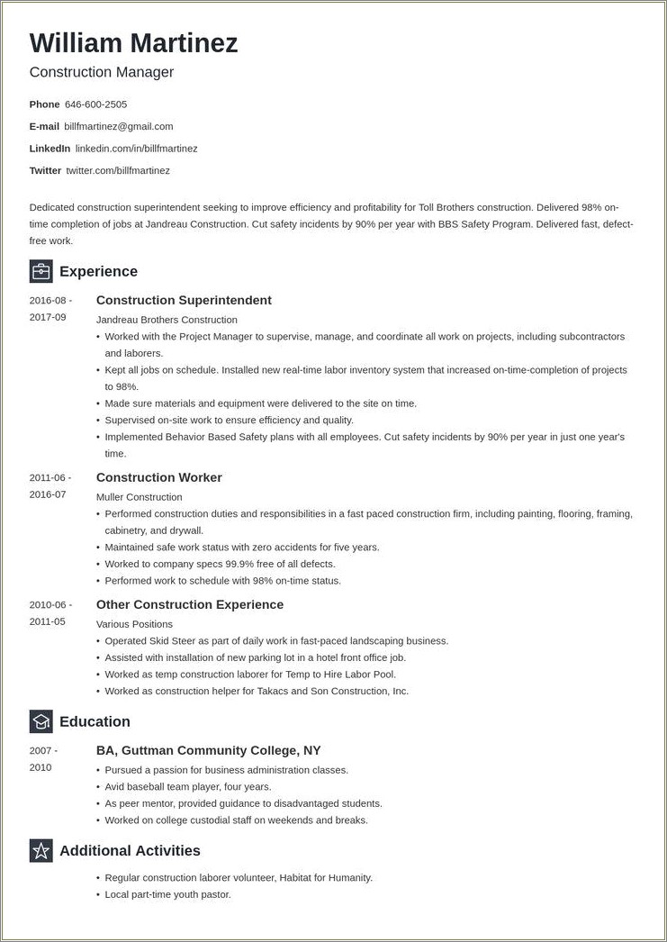 Resume Objective For Lawn Care Construction Worker