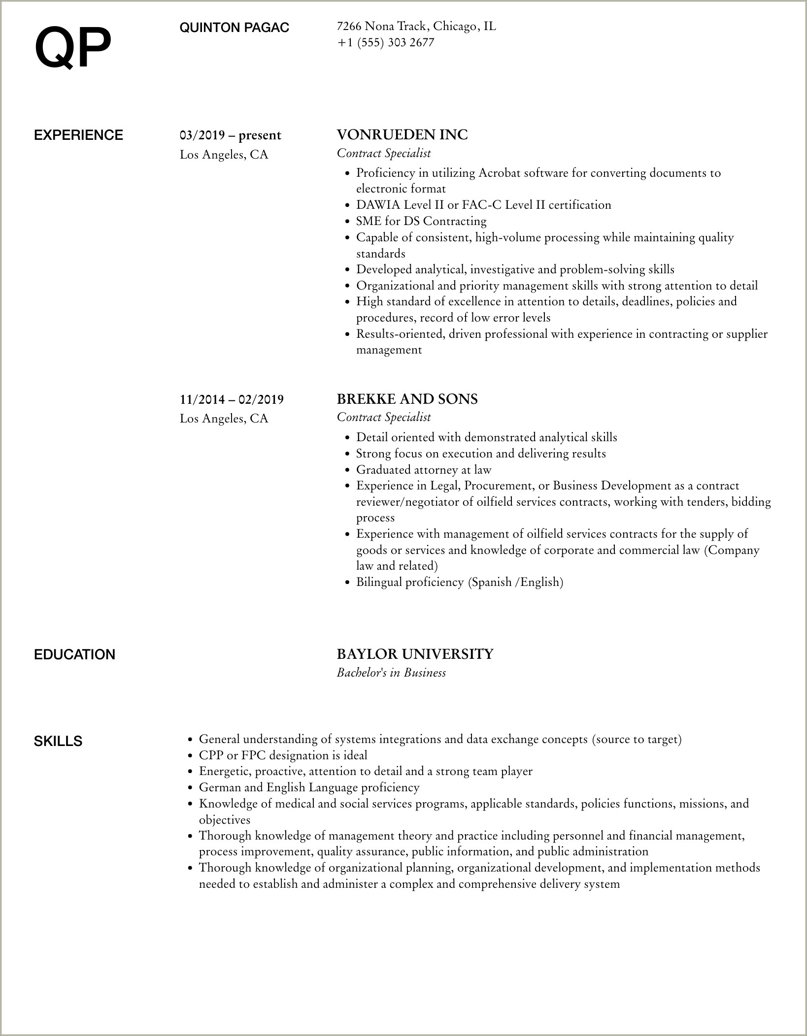 Resume Objective For Legal Contract Specialist