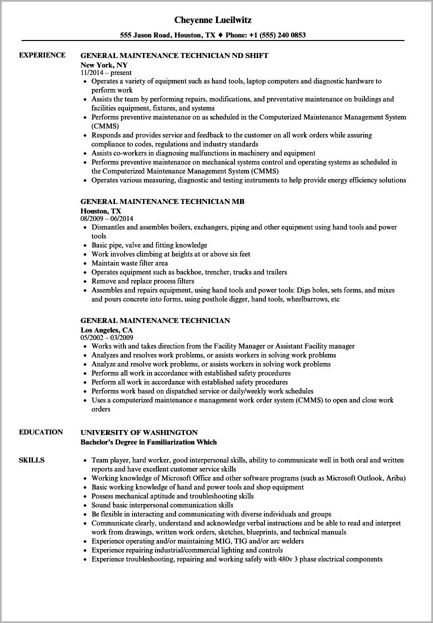 Resume Objective For Maintenance Technician Position