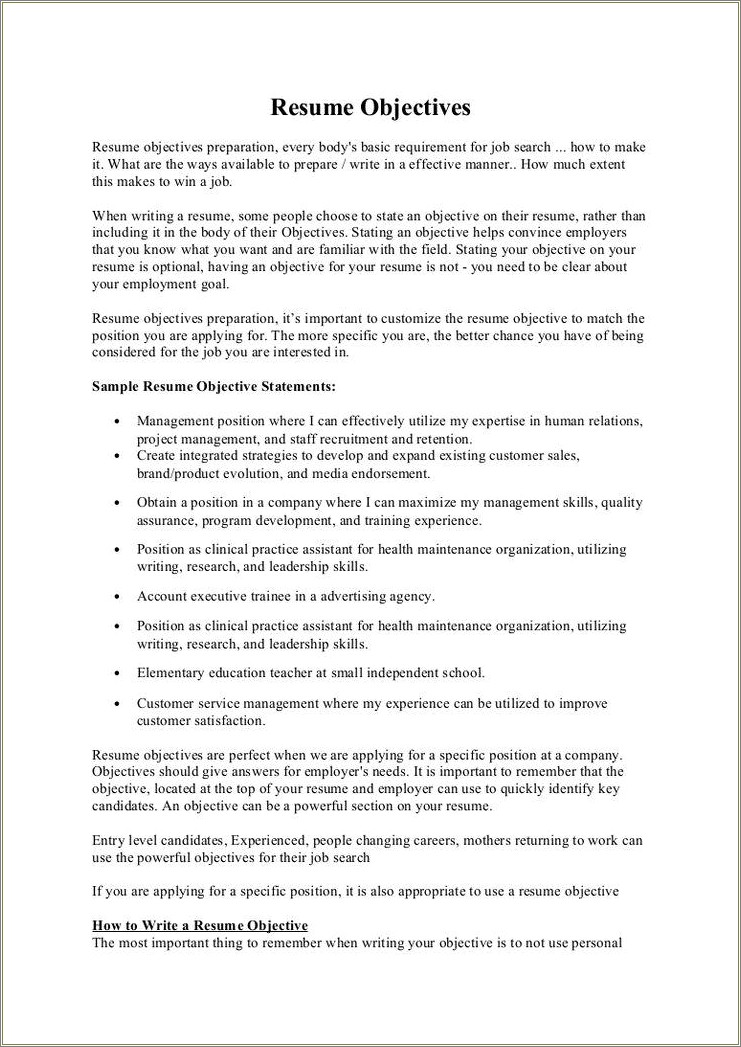 Resume Objective For Maintenance Trainee Position