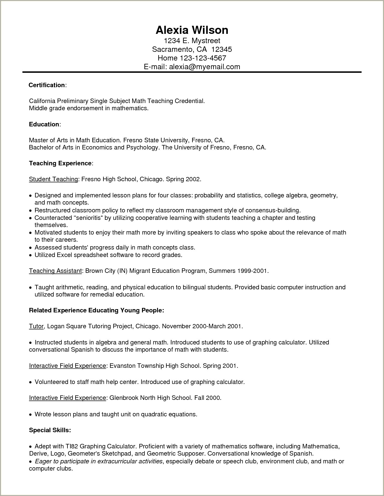 Resume Objective For Middle School Math Teacher