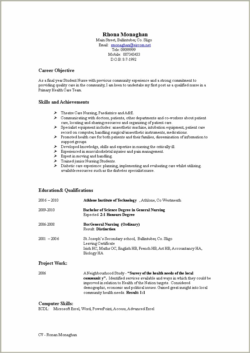 Resume Objective For New Grad Nurse