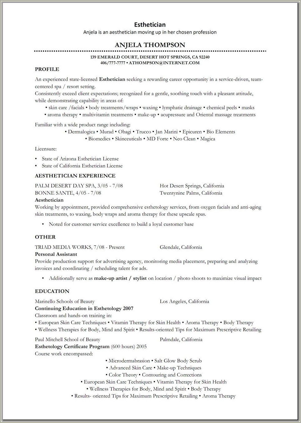 Resume Objective For New Graduate Esthetician