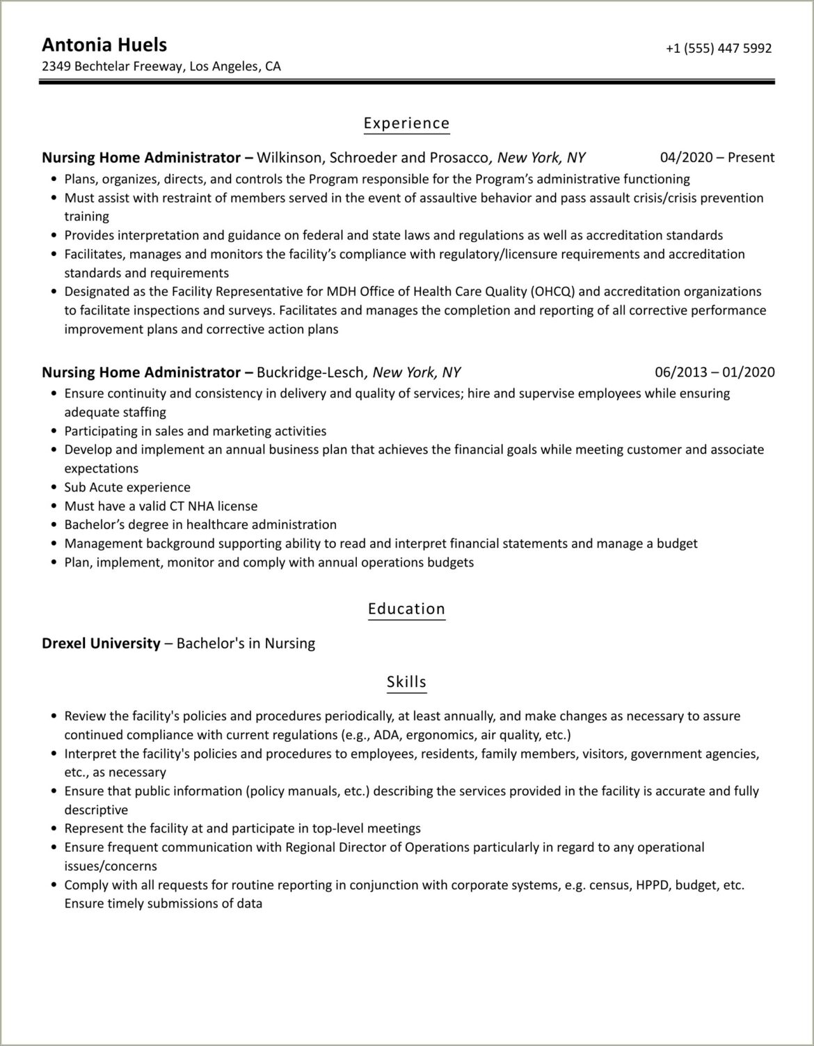 Resume Objective For Nursing Home Administrator