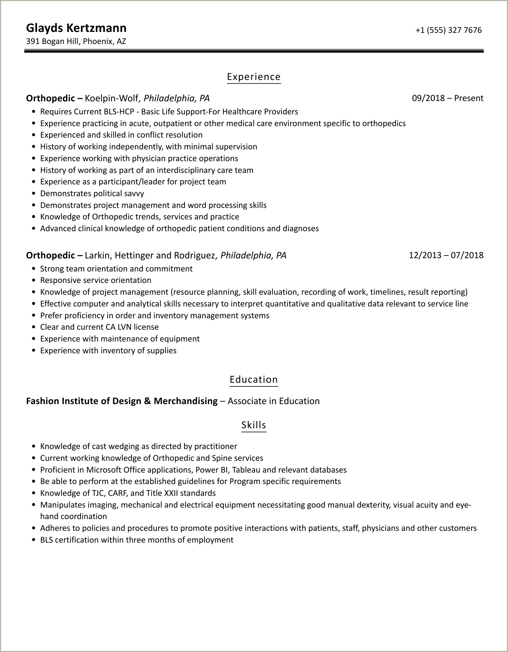 Resume Objective For Orthopedic Manager To Fashion Companies