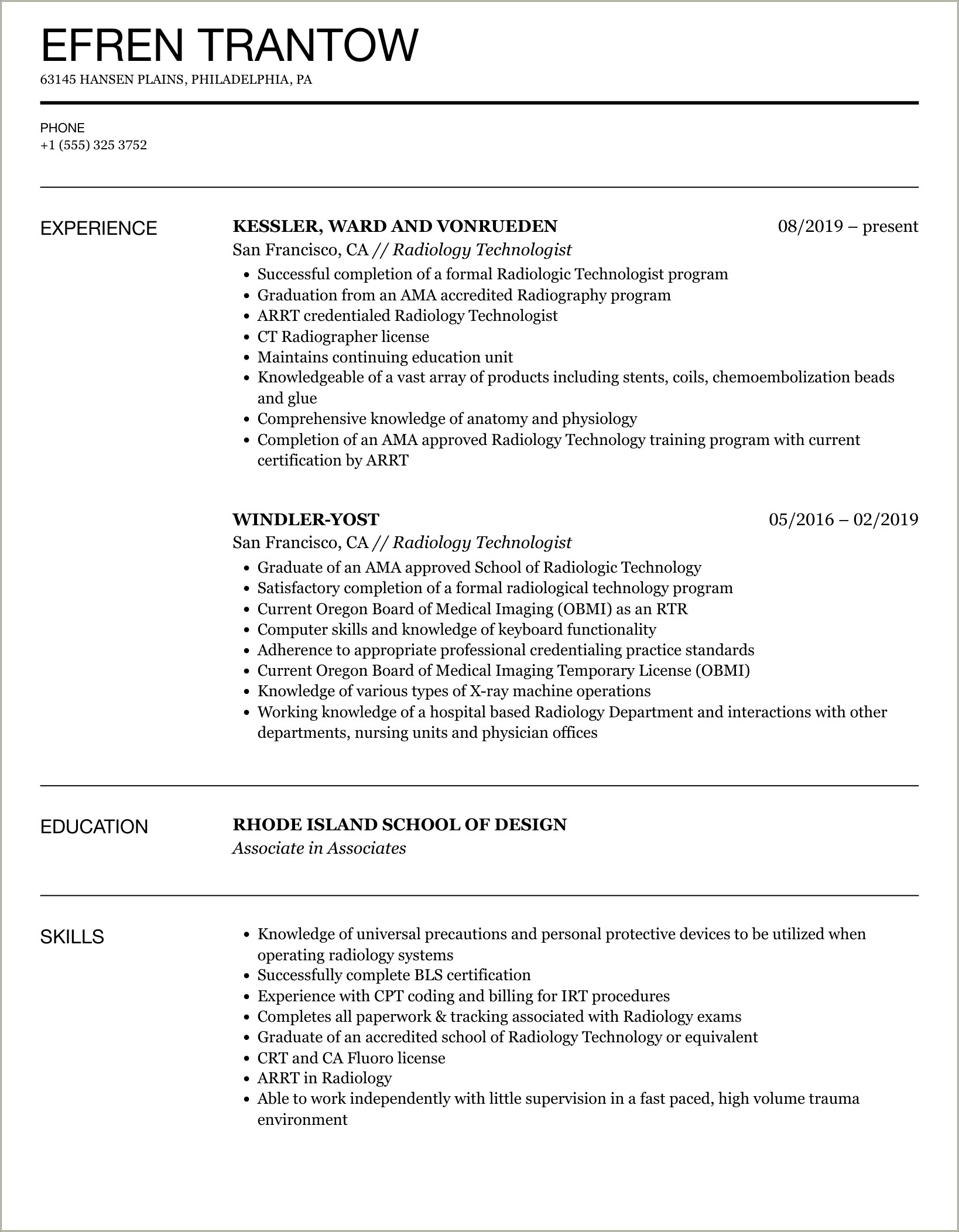 Resume Objective For Part Time Radiologic Technologist