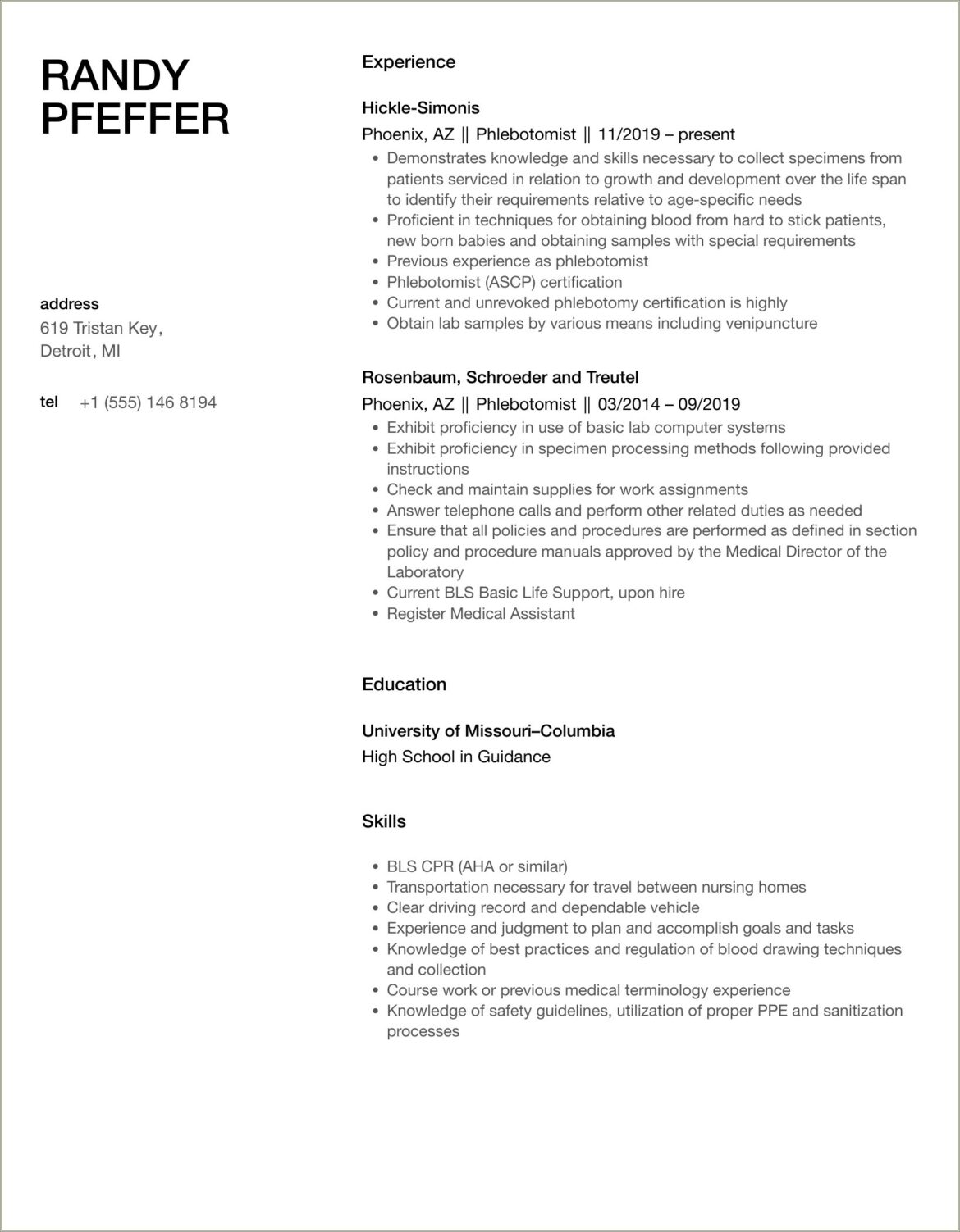 Resume Objective For Phlebotomist With Experience