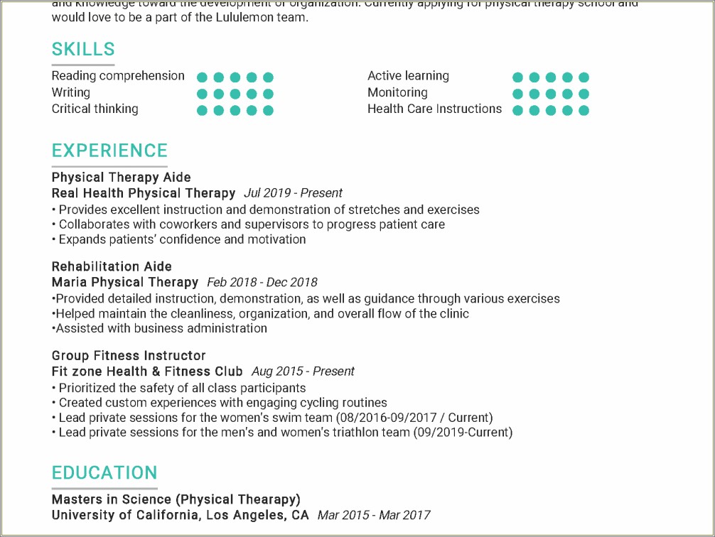 Resume Objective For Physical Therapy Aide