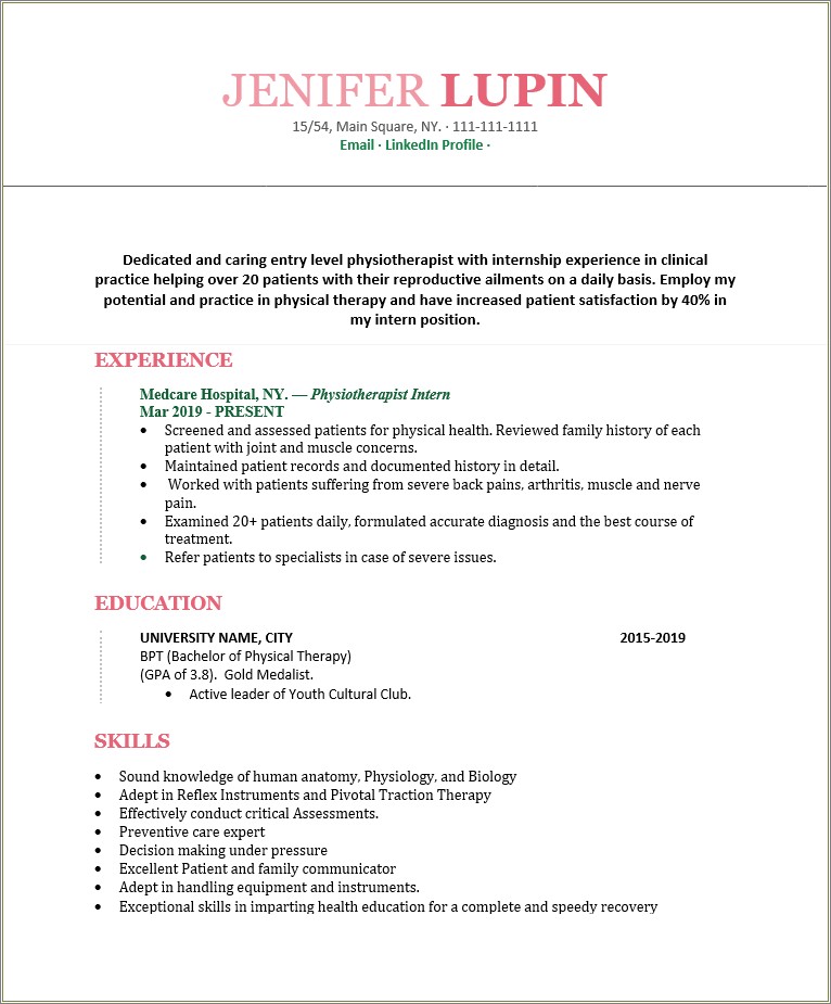 Resume Objective For Physical Therapy Clinic