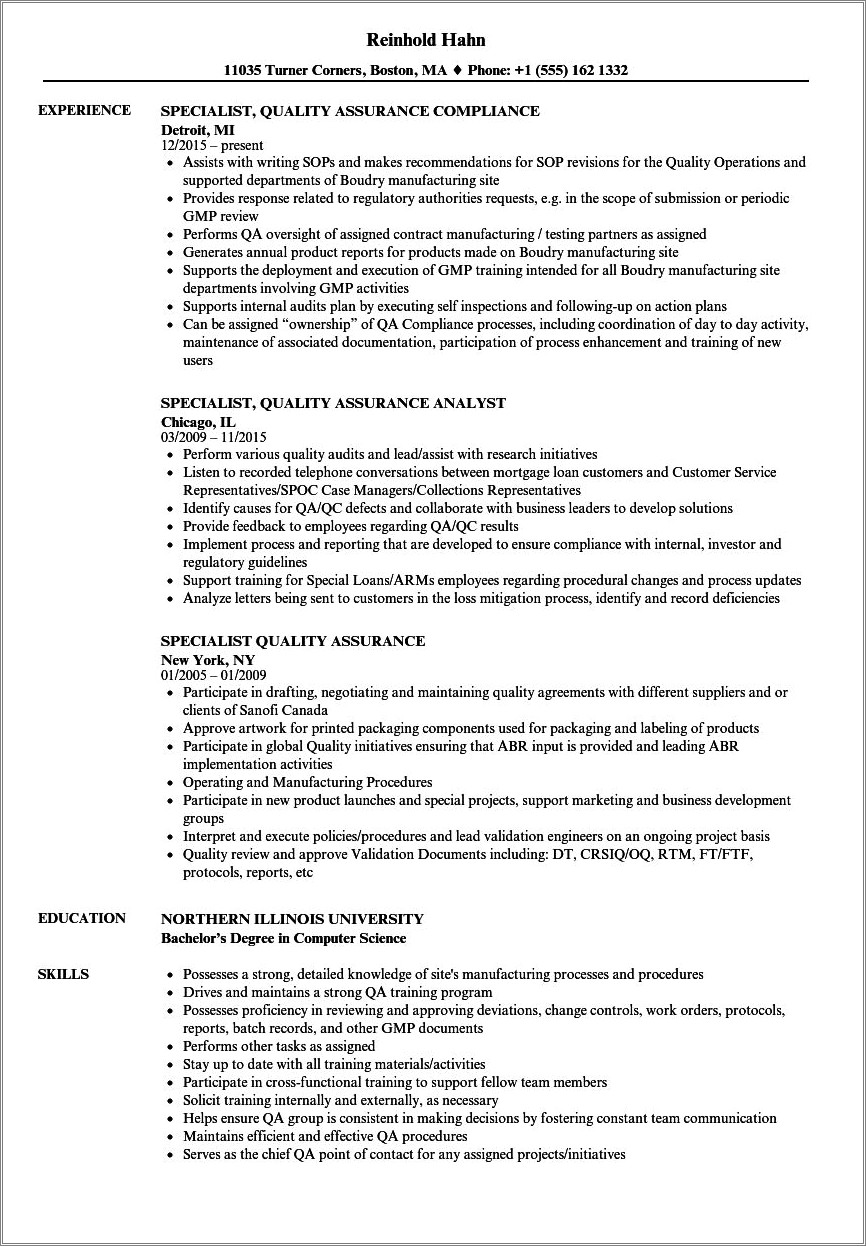 Resume Objective For Quality Assurance Specialist