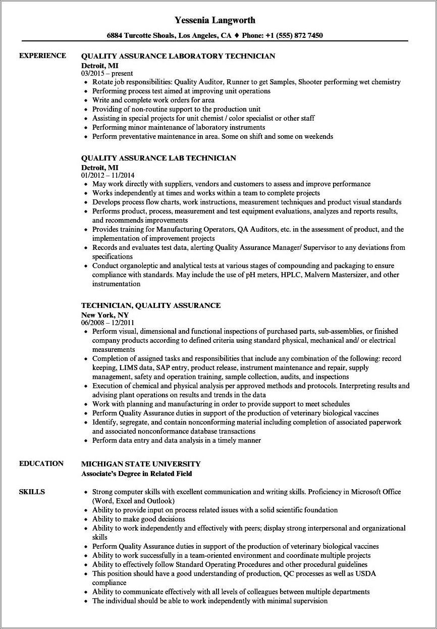 Resume Objective For Quality Assurance Technician