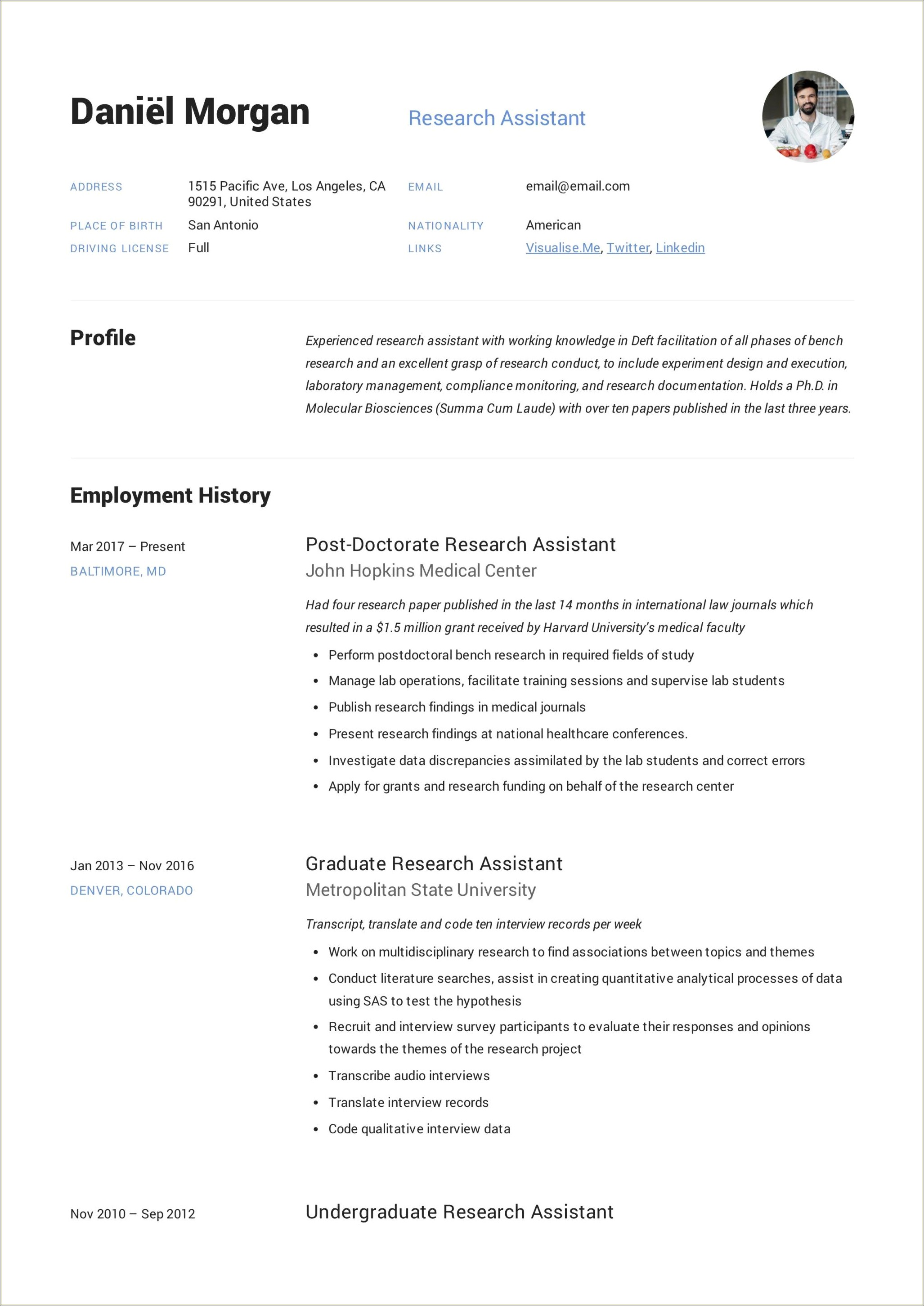 Resume Objective For Research Assistant Position