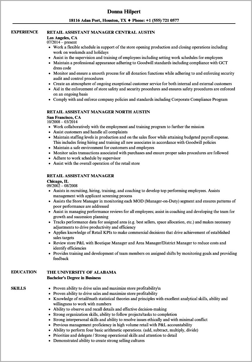 Resume Objective For Retail Store Position