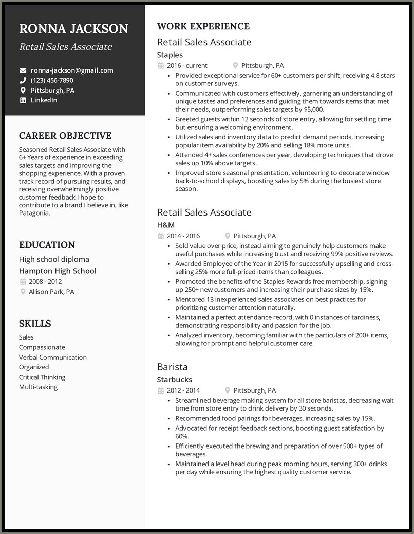 Resume Objective For Sales Associate Example
