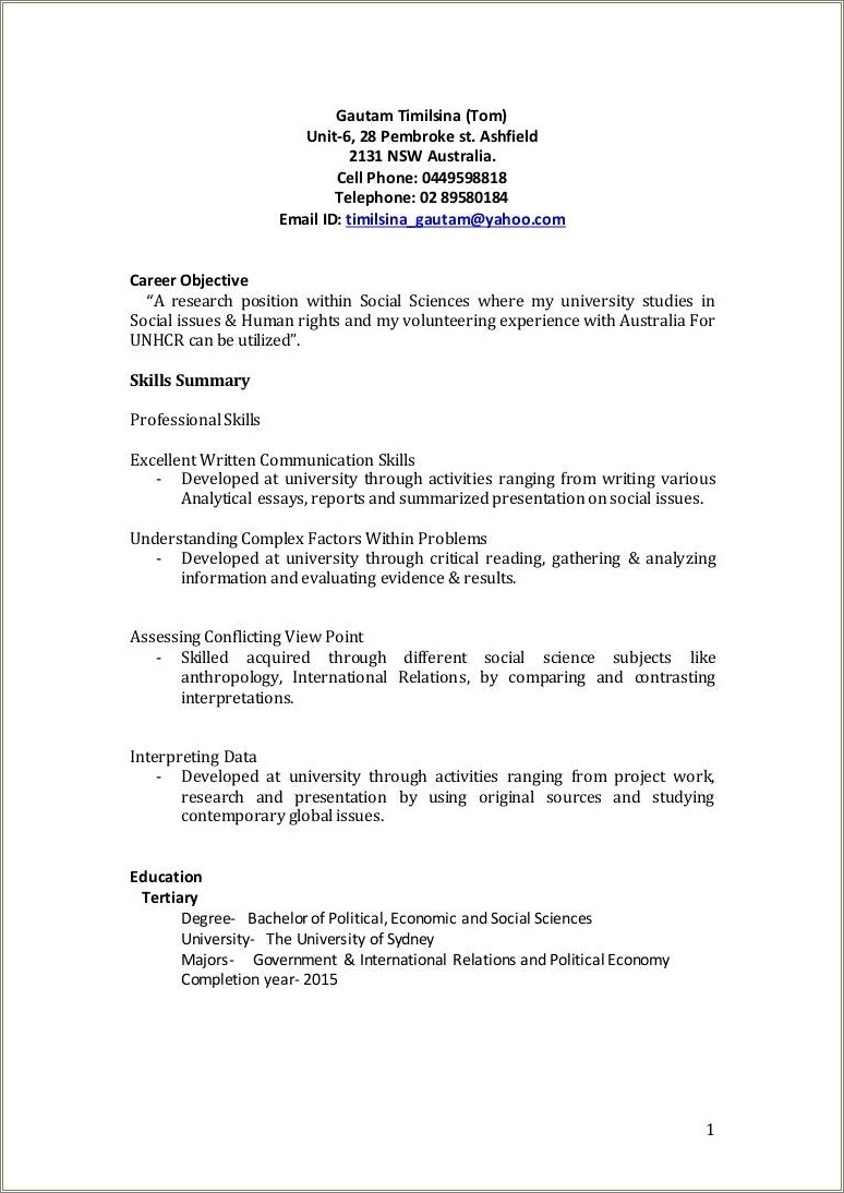 Resume Objective For Science Research Position