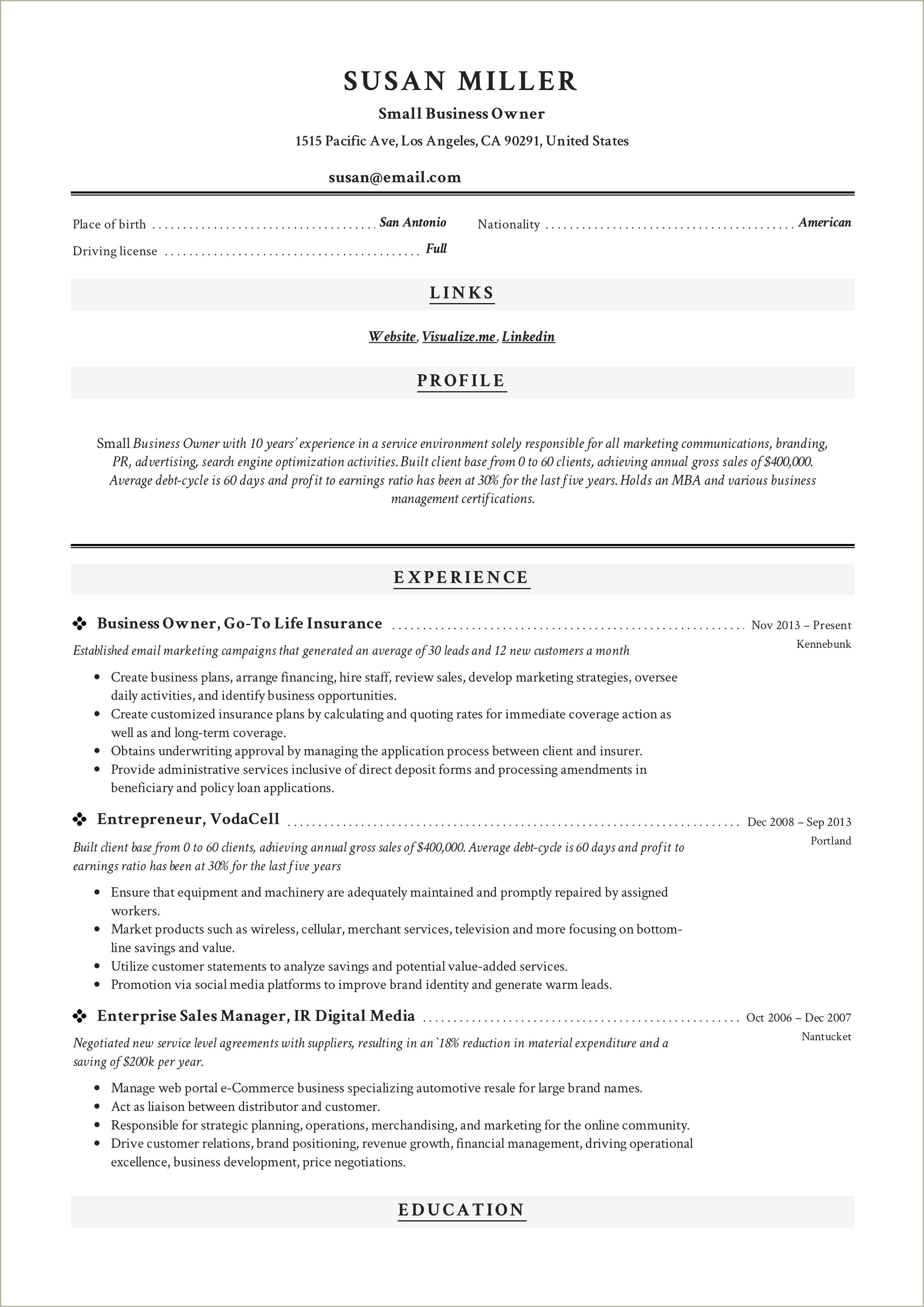 Resume Objective For Small Business Owner