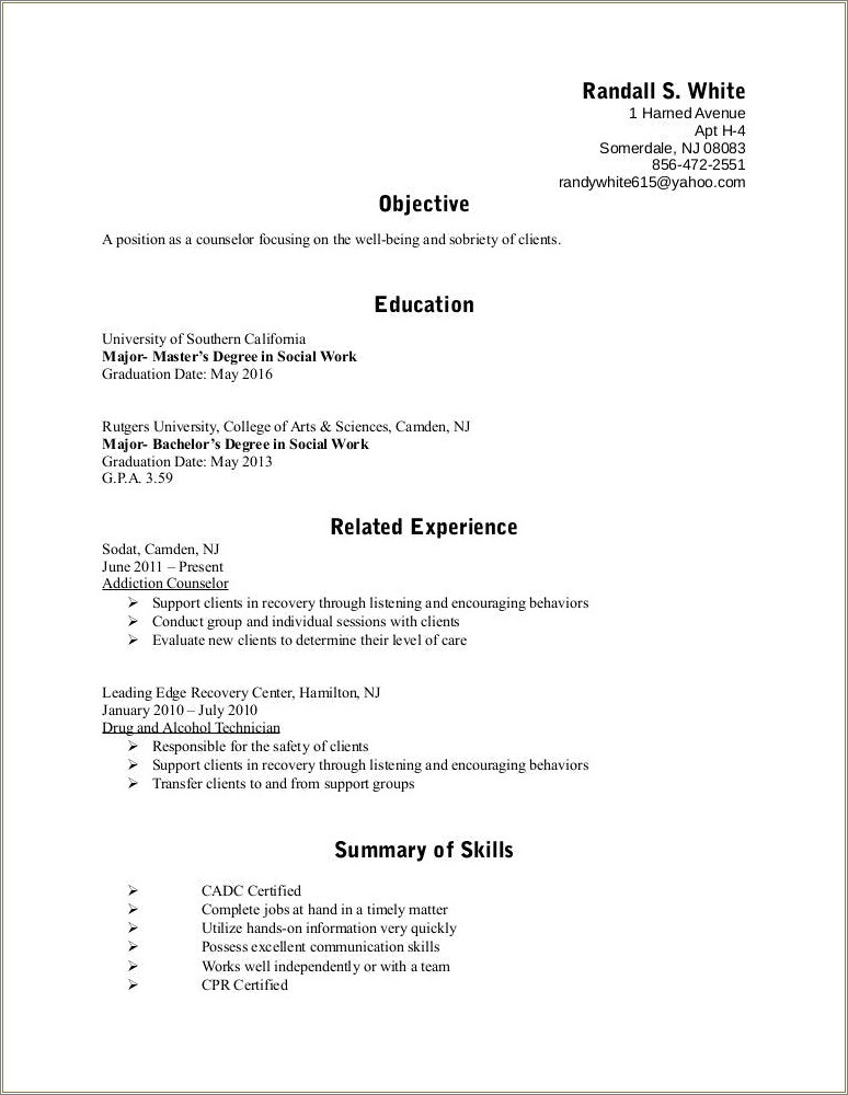 Resume Objective For Substance Abuse Counselor